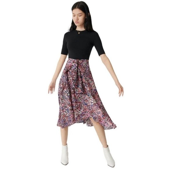 Maje Dresses & Skirts - Maje Rinto Bi-Material Faux Wrap Floral Print Midi Dress